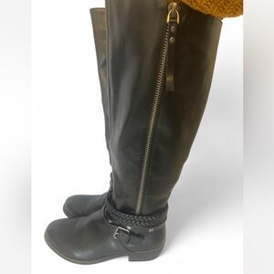 SO Black Knee High Riding Boots with Straps/ Buckles Detail 7 Wide Calf